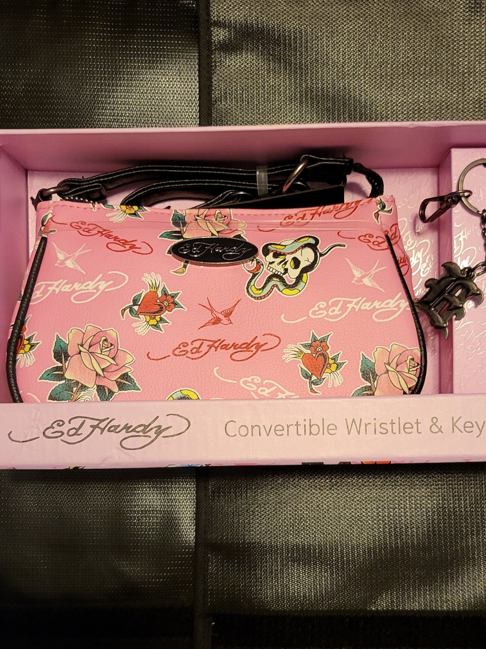 Ed Hardy Pink Floral & Skull Convertible Wristlet Key Holder